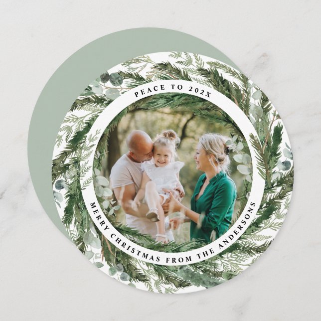 Modern foliage wreath peace script photo green holiday card (Front/Back)