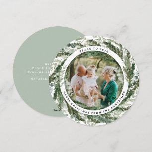 Modern foliage wreath peace script photo green holiday card