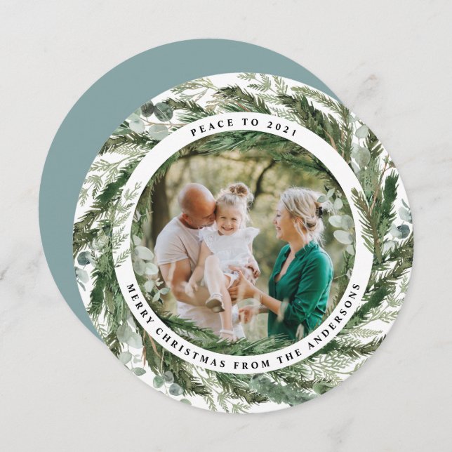 Modern foliage wreath peace script photo holiday card (Front/Back)