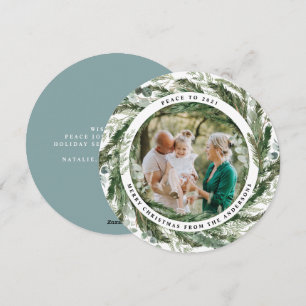 Modern foliage wreath peace script photo holiday card
