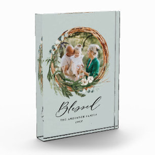Modern foliage wreath stylish blessed script photo block