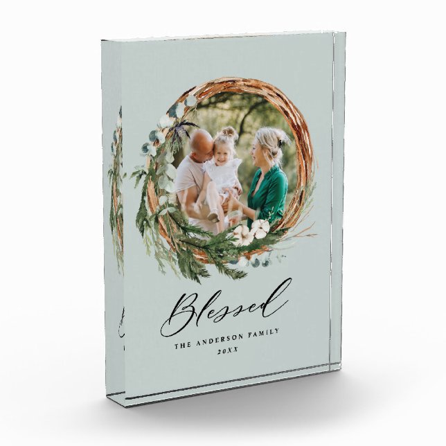 Modern foliage wreath stylish blessed script photo block (Left)