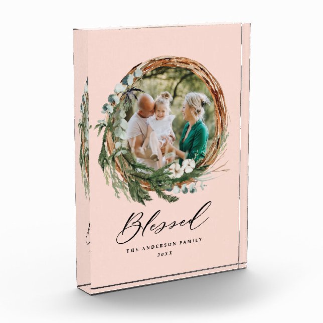 Modern foliage wreath stylish blessed script photo block (Left)