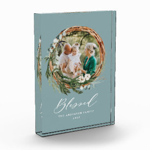 Modern foliage wreath stylish blessed script photo block