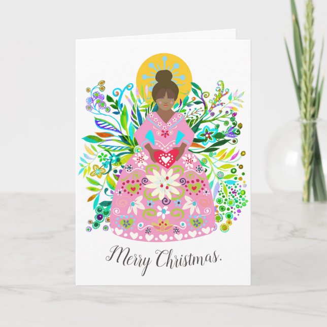 Modern Folk Art African American Christmas Angel Holiday Card (Front)