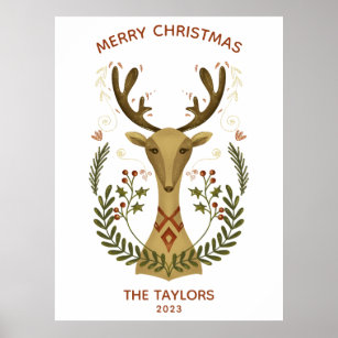 Modern Folk Art Christmas Reindeer Square Sticker  Poster