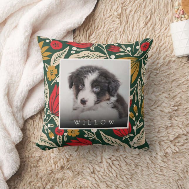 Modern Folk Art Floral Pet Photo Christmas Holiday Cushion (Blanket)