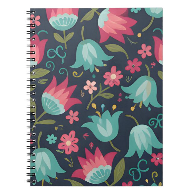 Modern Folk Art Floral - Teal & Coral Bell Flowers Notebook (Front)
