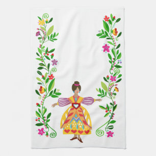 Modern Folk Art Mexican Style Flower Girl Tea Towel
