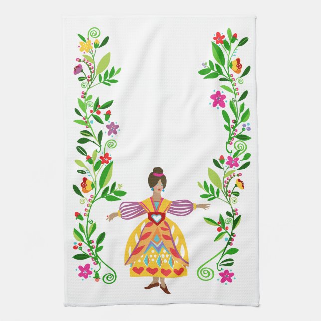 Modern Folk Art Mexican Style Flower Girl Tea Towel (Vertical)
