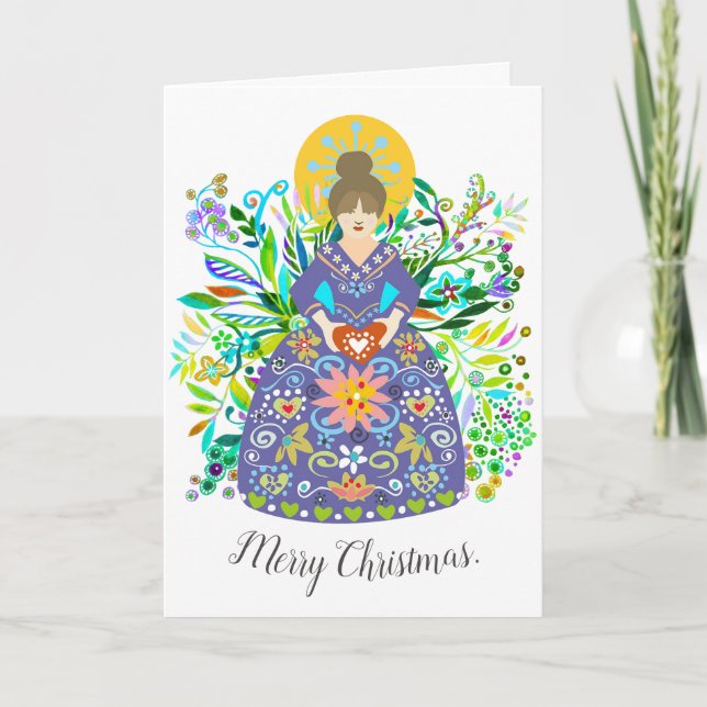Modern Folk Art Purple Christmas Angel Holiday Card (Front)
