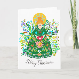 Modern Folk Art Red-Haired Christmas Angel Holiday Card