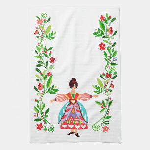Modern Folk Art Style Flower Garden Girl Tea Towel