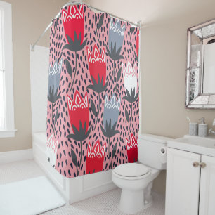 Modern Folk Flower Pink Grey White Country  Shower Curtain