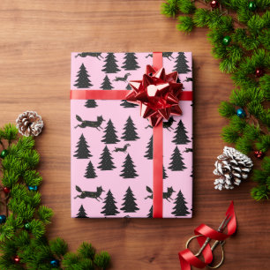 Modern Folktale Black Christmas Tree Woodland Pink Wrapping Paper