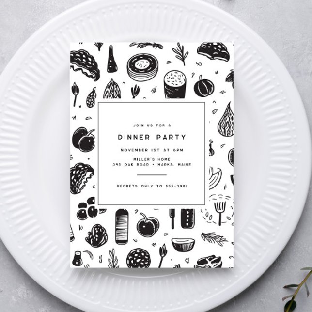 Modern Food Doodle Dinner Party Invitation (Creator Uploaded)