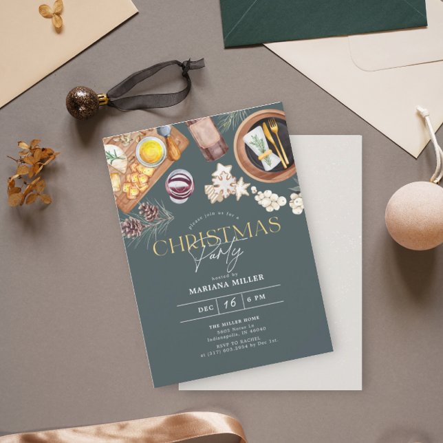 Modern Food Wine Christmas Green Holiday Party Invitation (Creator Uploaded)