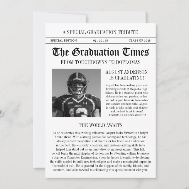 Modern Football Player Newspaper Photo Graduation Invitation (Front)