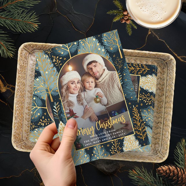 Modern Forest Custom Christmas Photo Arch Foil Holiday Card (Modern Forest Custom Christmas Photo Arch Foil Holiday Card)