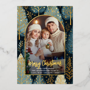 Modern Forest Custom Christmas Photo Arch Foil Holiday Card