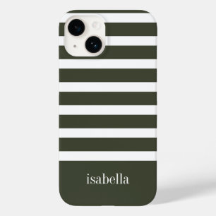 Modern Forest Green and White Stripe with Monogram Case-Mate iPhone 14 Case