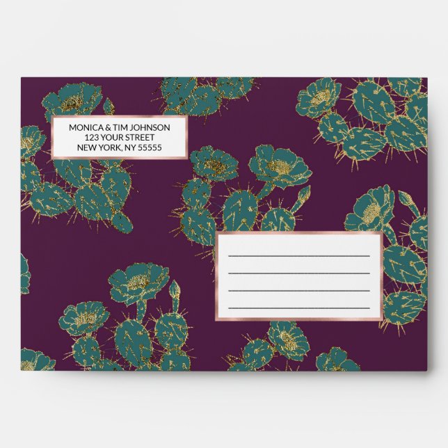 Modern forest green burgundy gold cactus floral envelope (Front)