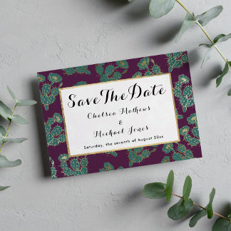 Modern forest green burgundy gold cactus floral save the date