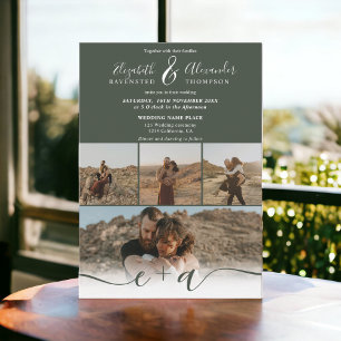 Modern forest green chic 5 Photos script wedding Invitation