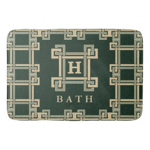 Modern Forest Green Greek Key Monogram Bathroom Bath Mat