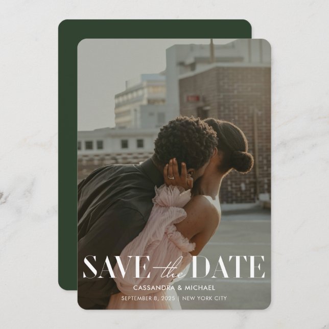 Modern Forest Green Photo Wedding Save Date Invitation (Front/Back)