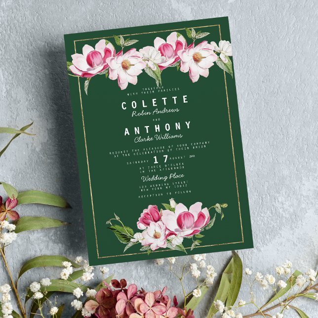 Modern Forest Green Pink Gold Floral Wedding Invitation (Modern Forest Green Pink Gold Floral Wedding)