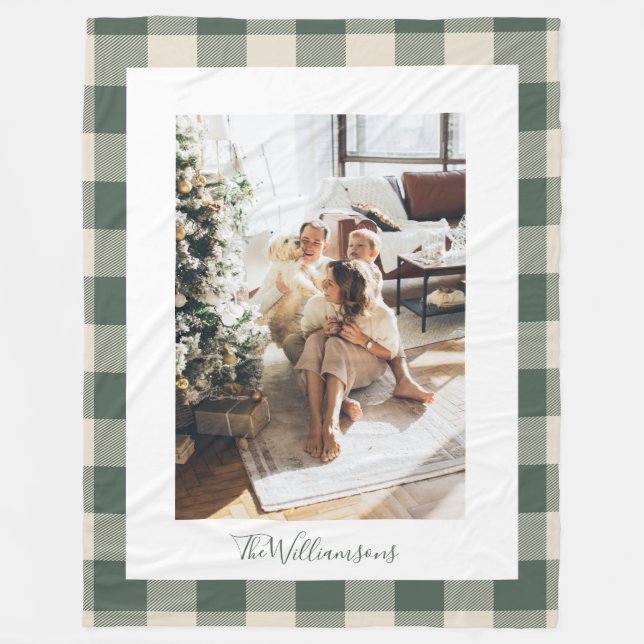 Modern Forest Green Plaid Rustic Photo Christmas   Fleece Blanket (Front)