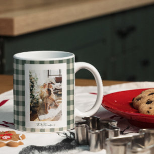 Modern Forest Green Plaid Rustic Photo Christmas   Large Coffee Mug