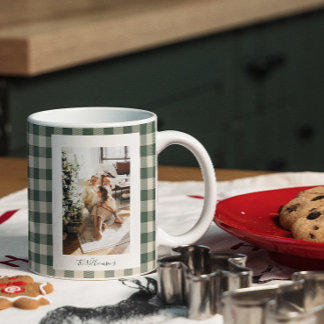 Modern Forest Green Plaid Rustic Photo Christmas   Large Coffee Mug