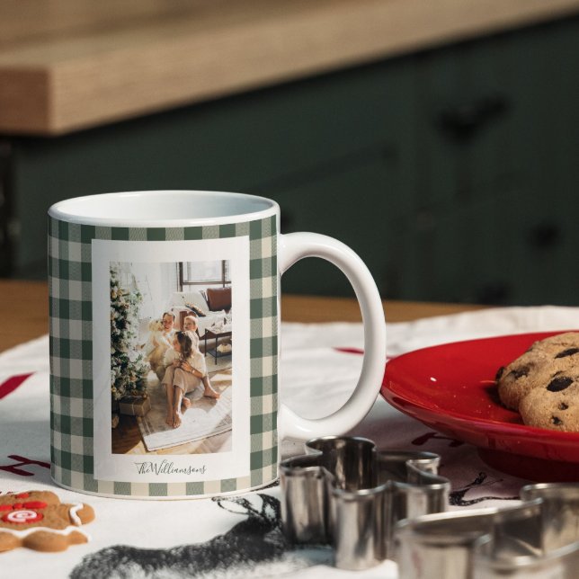 Modern Forest Green Plaid Rustic Photo Christmas   Large Coffee Mug (Creator Uploaded)