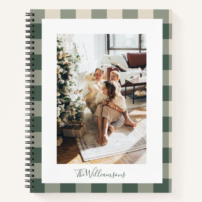 Modern Forest Green Plaid Rustic Photo Christmas  Notebook (Front)