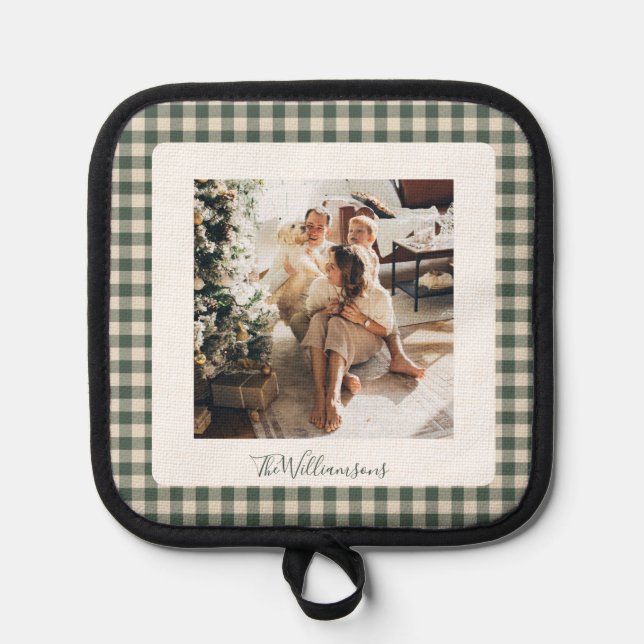 Modern Forest Green Plaid Rustic Photo Christmas   Pot Holder (Front)