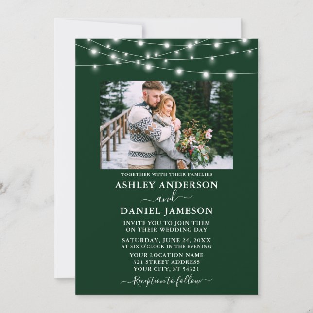 Modern Forest Green String Lights Photo Wedding Invitation (Front)