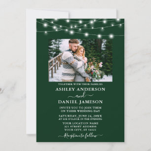 Modern Forest Green String Lights Photo Wedding Invitation