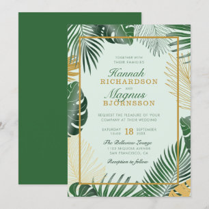 Modern Forest Green Tropical Leaves Modern Wedding Invitation