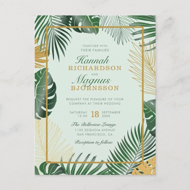 Modern Forest Green Tropical Leaves Trendy Wedding Invitation Postcard (Front)