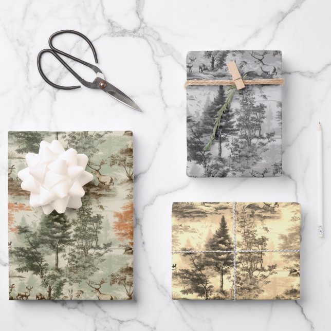 Modern Forest Hunting Green Toile de Jouy Pattern Wrapping Paper Sheet (Front)