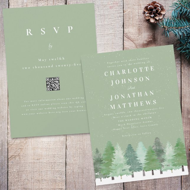 Modern Forest QR Code Sage Green Winter Wedding Invitation (Modern snowy woodland winter forest sage green wedding qr code invitation Watercolor evergreen trees)