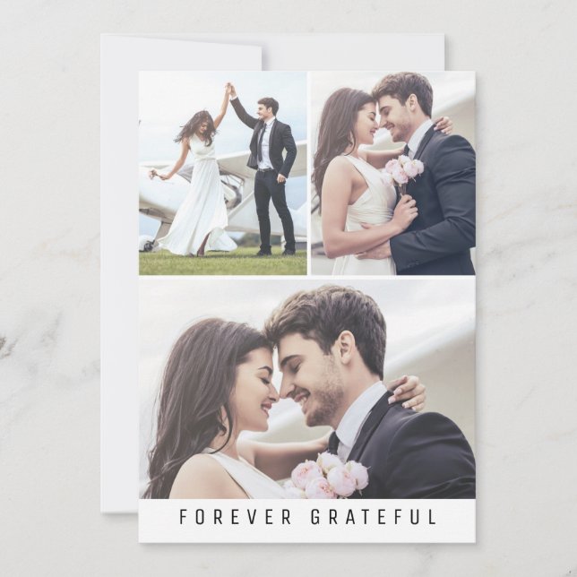 Modern Forever Grateful 3 Photo Wedding Thank You Card (Front)