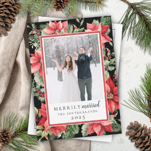 Modern Formal Floral Merrily Married Newlywed Holiday Card
