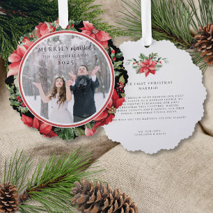 Modern Formal Floral Merrily Married Newlywed Tree Decoration Card