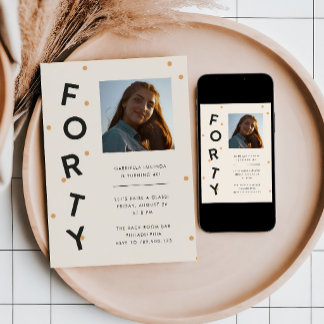 Modern Forty Black + Gold 40th Birthday Party Invitation