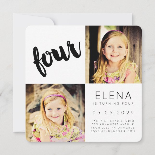 Modern FOUR 4th Birthday Boy Girl Photo Card (Front)