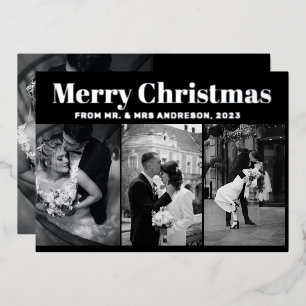 Modern Four Photo black & White Merry Christmas  Foil Holiday Card