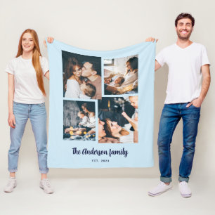 Modern Four Photo Collage Blue Fleece Blanket